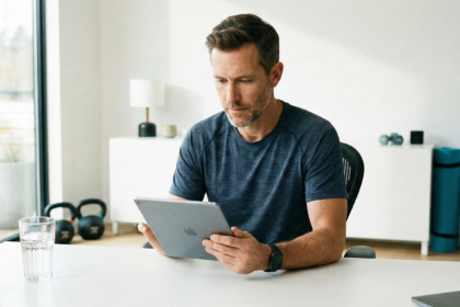 Uomo di 40 anni in salute che utilizza un tablet per monitorare i propri parametri vitali e livelli ormonali, concetto di biohacking e gestione dell'andropausa - Farmacosmo