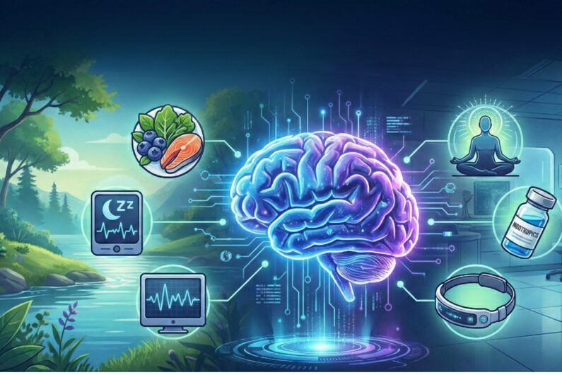 Illustrazione del cervello umano collegato a elementi di biohacking cerebrale e neurowellness come nootropi, sonno e natura.