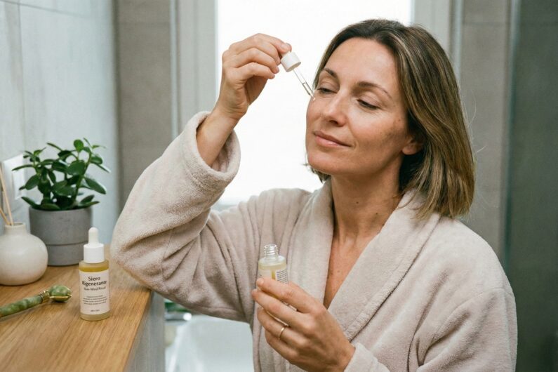 Donna di 40 anni applica un siero rigenerante al viso durante la sua routine serale Skin-Mind per abbassare lo stress e il cortisolo - Farmacosmo