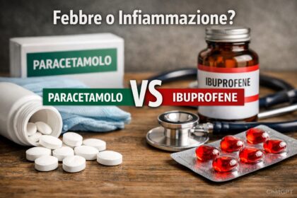 Confronto visivo tra confezioni di Paracetamolo e Ibuprofene su un banco di farmacia moderno e luminoso. Immagine guida di Farmacosmo per distinguere tra farmaci antipiretici e antinfiammatori.