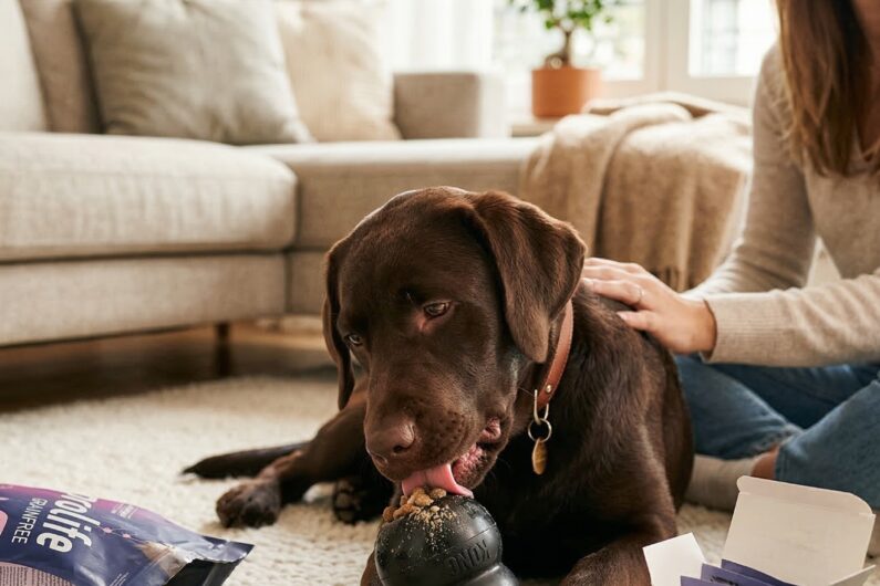 Proprietaria felice a casa con il suo cane intento a leccare un KONG circondato da probiotici e crocchette, un perfetto esempio di nutrizione funzionale ed enrichment mentale pet.