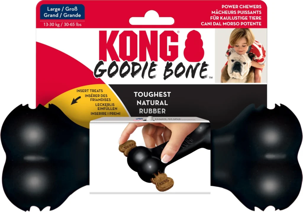Gioco per cani KONG Goodie Bone Extreme nero, ideale da farcire con snack per unire nutrizione funzionale ed enrichment mentale pet.