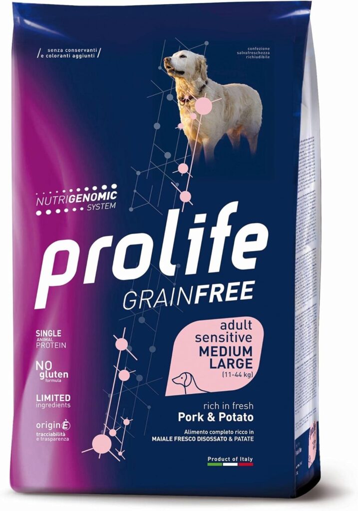 Sacco di crocchette Prolife Grainfree Adult Sensitive Maiale e Patate, alimento ideale per la nutrizione funzionale ed enrichment mentale pet.