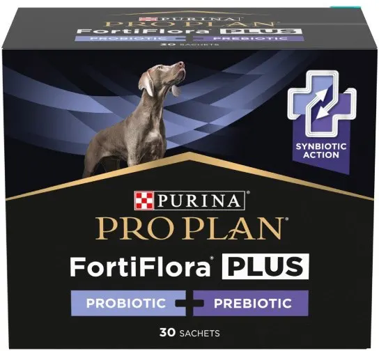 Confezione di Purina Pro Plan FortiFlora Plus, integratore probiotico e prebiotico per la nutrizione funzionale ed enrichment mentale pet.