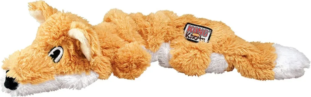 Peluche interattivo KONG Scrunch Knots Volpe per cani, perfetto per stimolare l'istinto predatorio e favorire l'enrichment mentale pet.